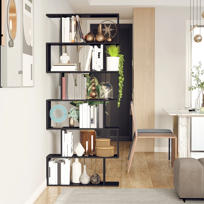HOMCOM Libreria di Design, Libreria a Parete Nera, 6 Ripiani Scomposti, Struttura a Zig-Zag, Moderna, Resistente, in Legno, per Salotto e Ufficio, 80x24x191cm, Nero