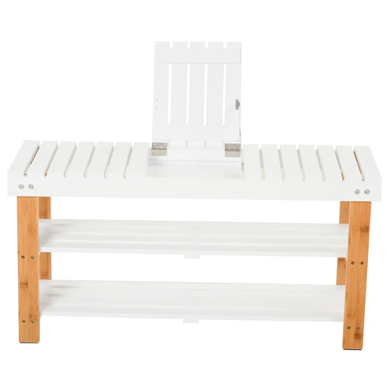 HOMCOM Shoe Bench, 3-Tier Wooden Shoe Rack with Hidden Storage Compartment, Slatted Shelves, Home Storage Unit, Hallway Furniture, Natural, 90L x 29W x45H cm