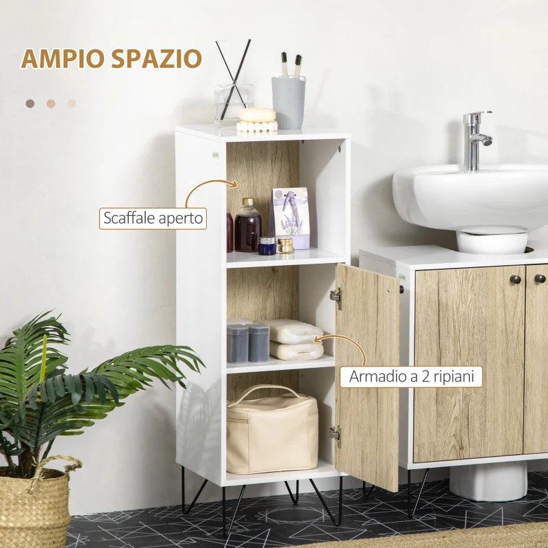 kleankin Mobile Bagno con Ripiano Aperto e Armadietto con Anta in Legno, 31.5x30x91cm, Quercia e Bianco
