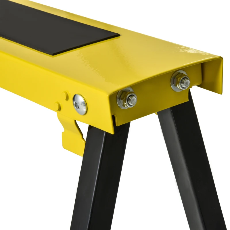 DURHAND Lot de 2 tréteaux pliables télescopiques réglable en hauteur poignée transport dim. 100L x 60l x 62-90H cm surface antidérapante métal noir jaune