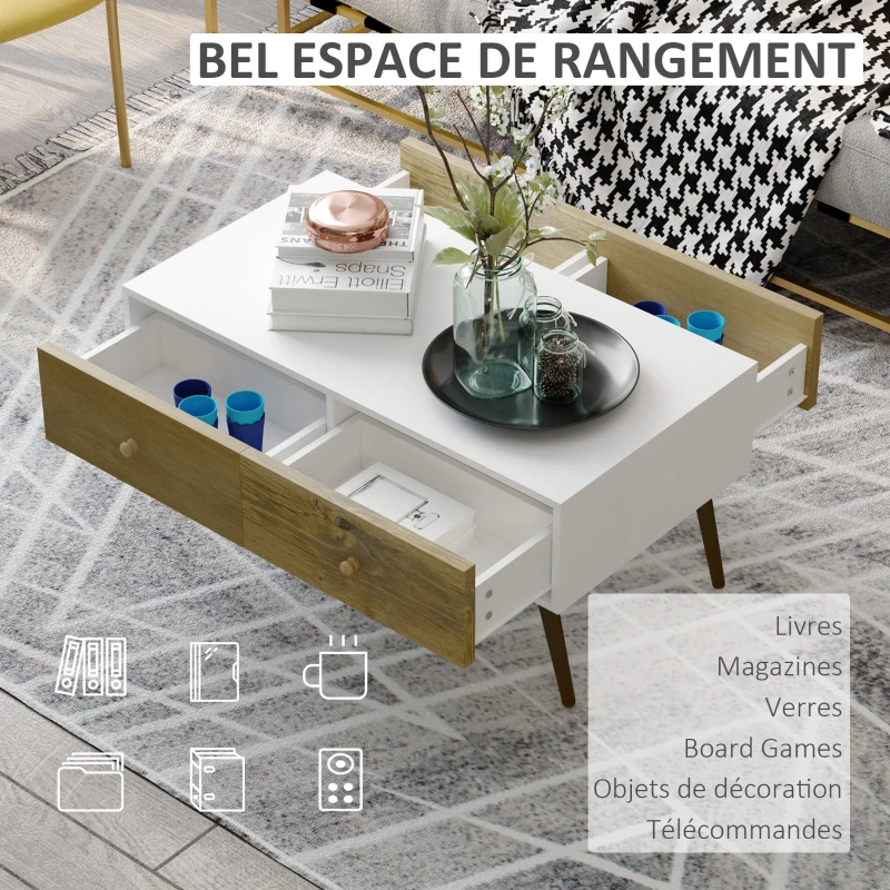 HOMCOM Table Basse rectangulaire 4 tiroirs coulissants façades Aspect chêne doré Pieds effilés Bois de hêtre Panneaux Particules Blanc