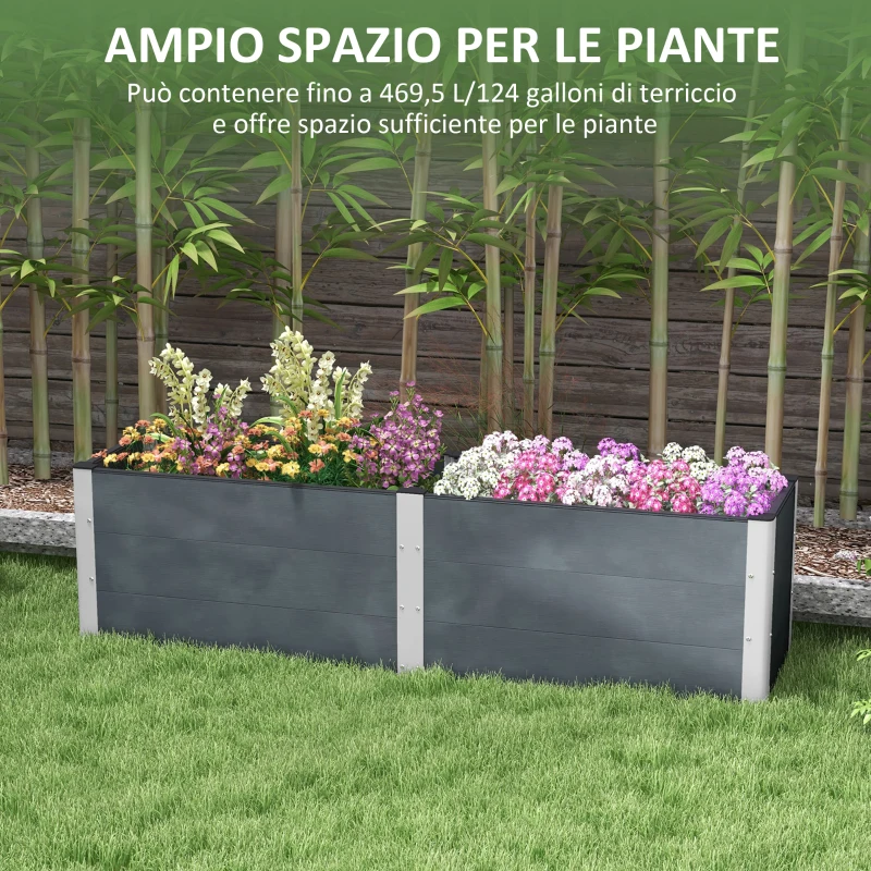 Outsunny Fioriera da Giardino con Fondo Aperto in Legno Composito e Alluminio, 200x50x56 cm, Grigio