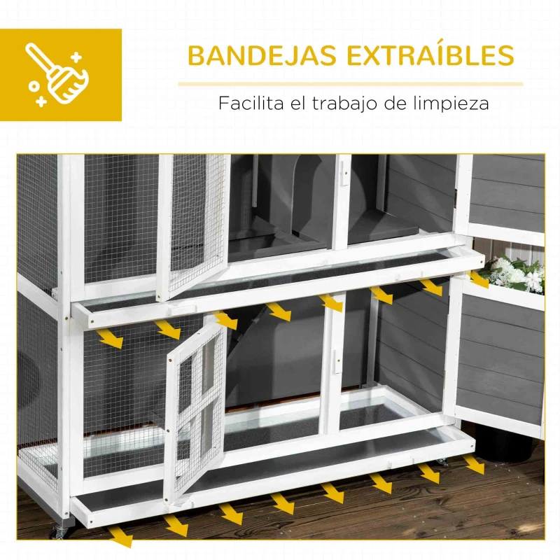 PawHut Conejera de Madera de 2 Niveles con Ruedas 2 Puertas Techo Abatible y Bandejas Extraíbles 119x50,5x109 cm Blanco y Gris