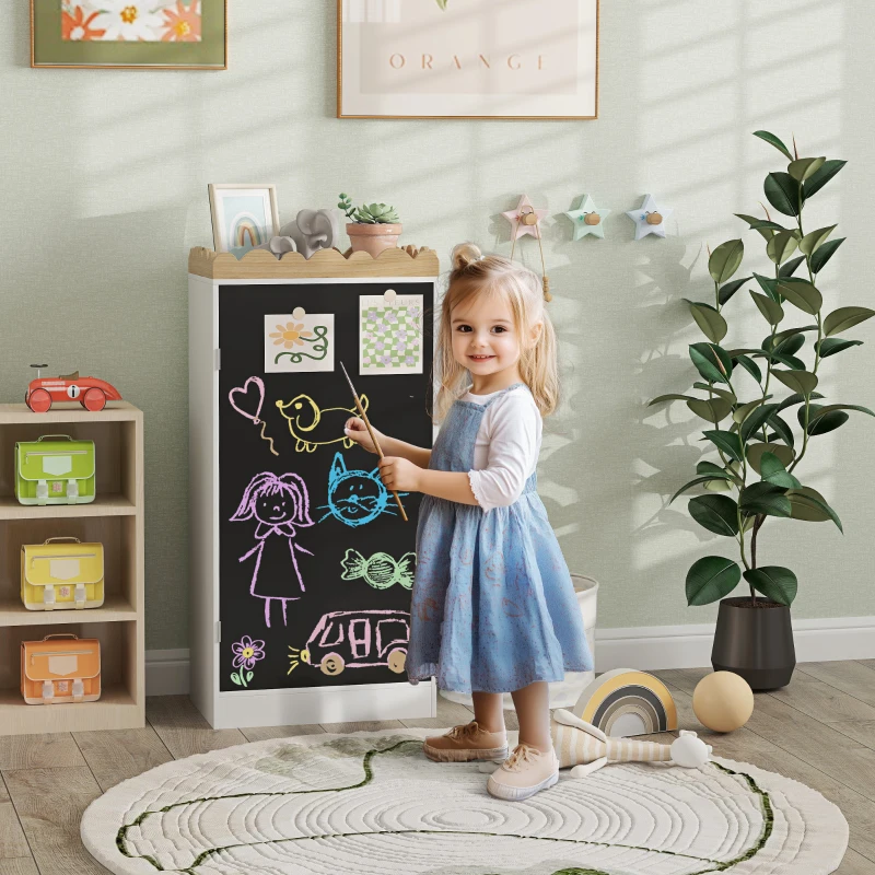 AIYAPLAY Meuble rangement enfant, rangement jouet enfant avec porte en tableau noir, 3 casiers et plateau supérieur, blanc