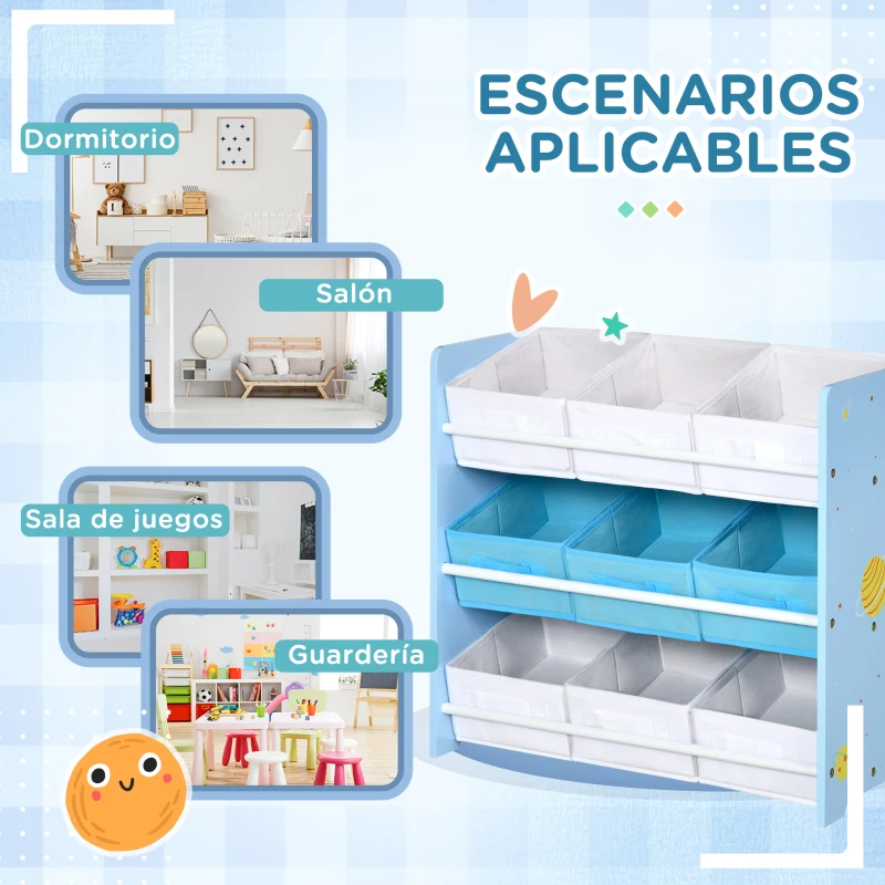 ZONEKIZ Organizador de Juguetes con 9 Cajas de Tela no Tejida Extraíbles para Dormitorio Guardería 63x30x60 cm Azul