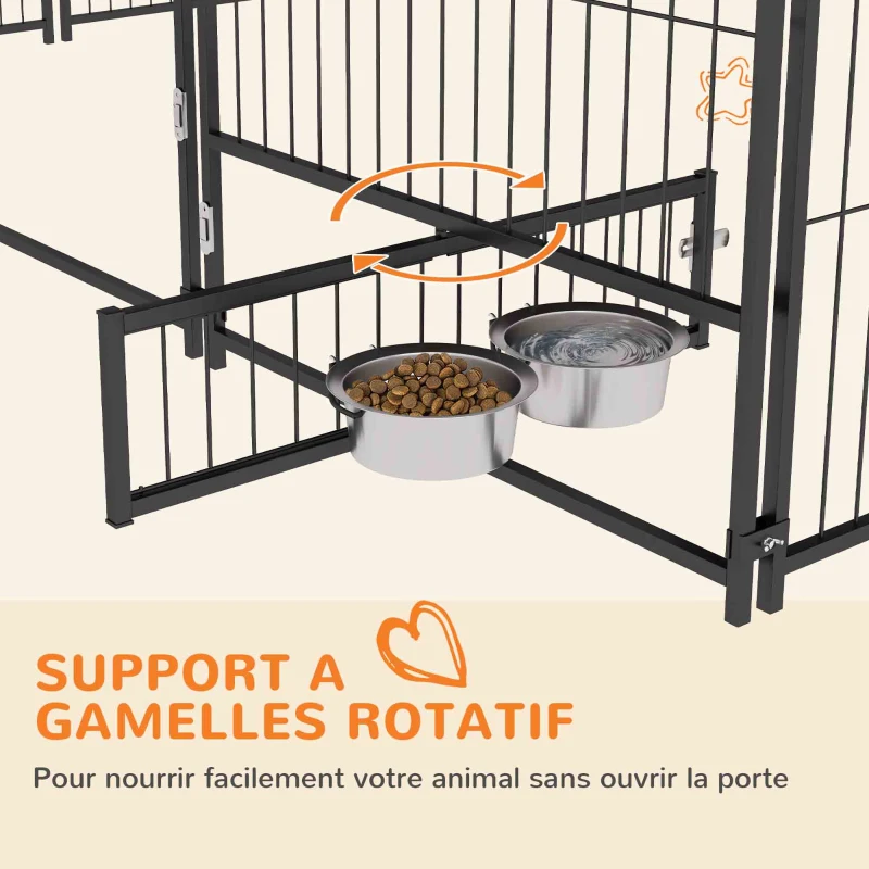 PawHut Chenil extérieur pour chiens en acier et tissu Oxford avec support gamelle toit 211 x 211 x 151 cm noir et café