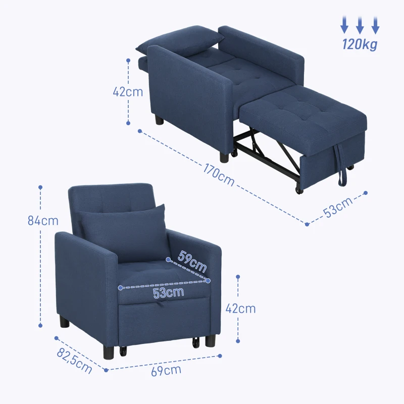 HOMCOM Fauteuil convertible 1 place avec dossier inclinable à 3 positions, coussin, siège rembourré et accoudoirs, bleu