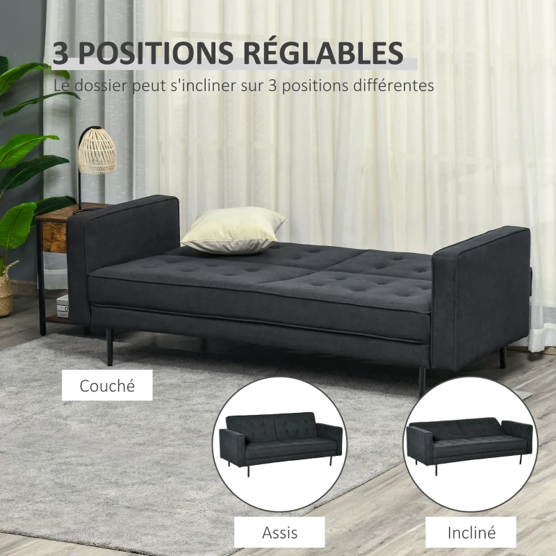 HOMCOM Canapé Convertible 3 Places Style Chesterfield capitonné Dossier inclinable 3 Positions Tissu Gris foncé