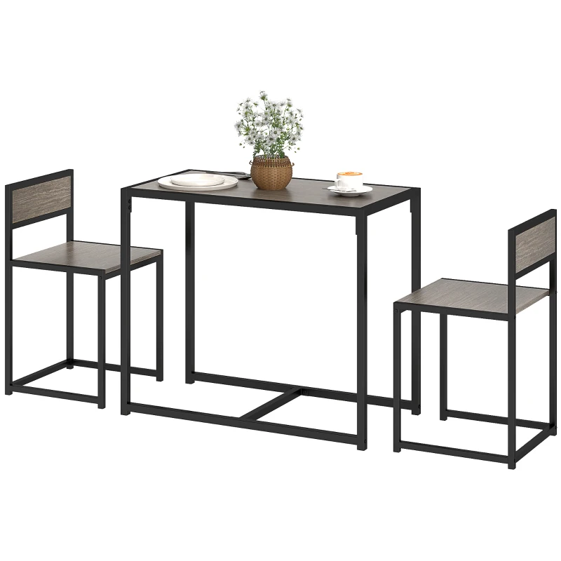 HOMCOM Dining Table and Chairs Set 2, Dining Room Sets, Rectangular Space Saving Table and 2 Chairs for Compact Kitchens, Steel Frame, Grey Wood-Effect