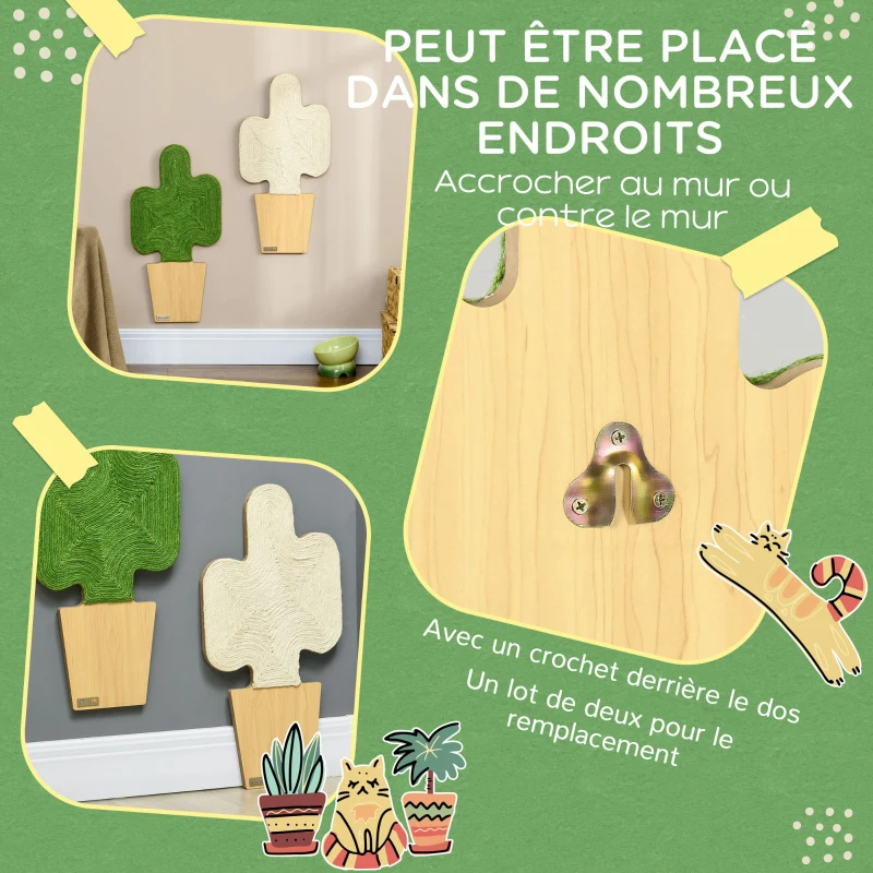 PawHut Lot de 2 griffoirs grattoir mural ou à poser forme original cactus avec surface à gratter en jute 30 x 60 cm marron blanc vert