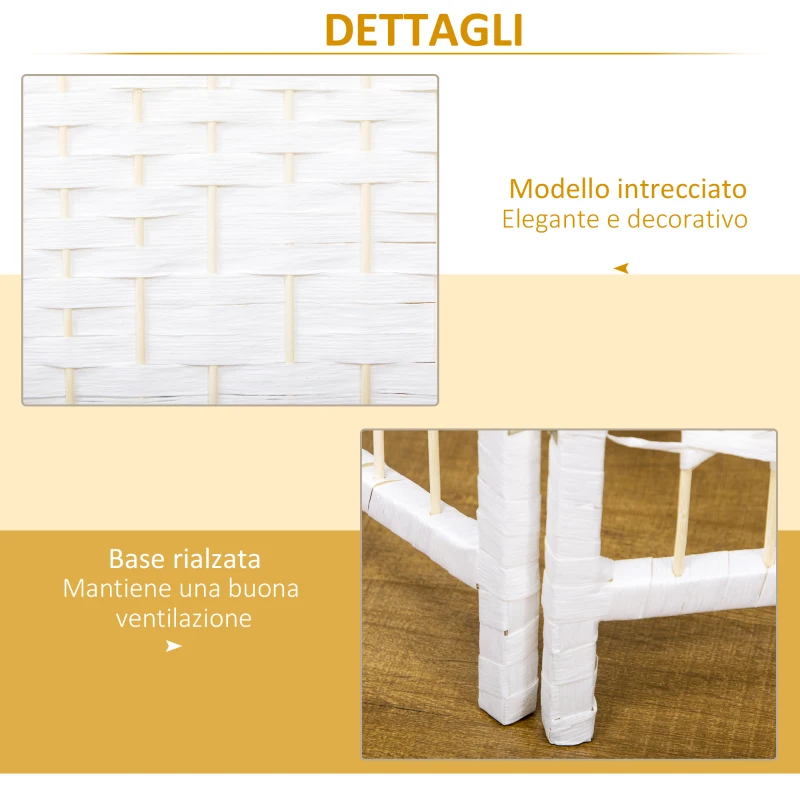 HOMCOM Paravento a 4 Ante Pieghevole per Interni, Autoportante e Intrecciato, 160x170 cm, Bianco