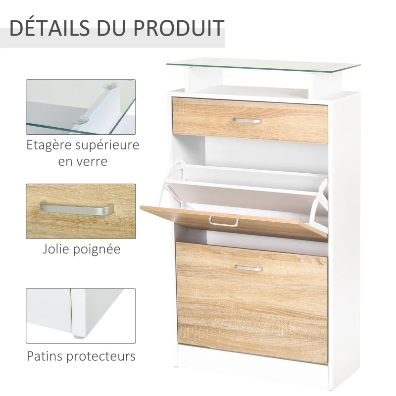 HOMCOM Armoire à Chaussures Meuble rangement Chaussures 2 Portes abattantes 2 Compartiments, tiroir, Plateau en Verre - Bois chêne Blanc