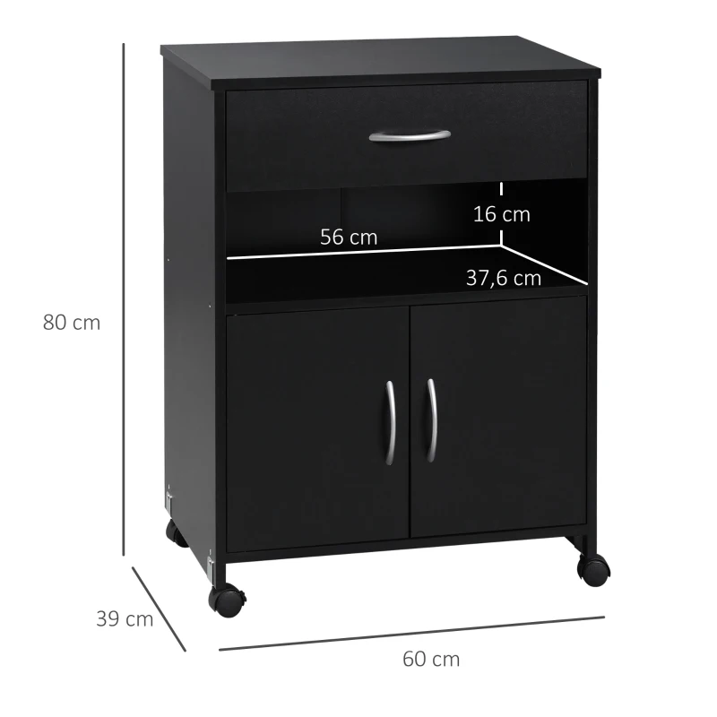 Vinsetto Armario para Impresora con Ruedas Cajón 2 Puertas y Estante para Salón Oficina Estudio 60x39x80 cm Negro