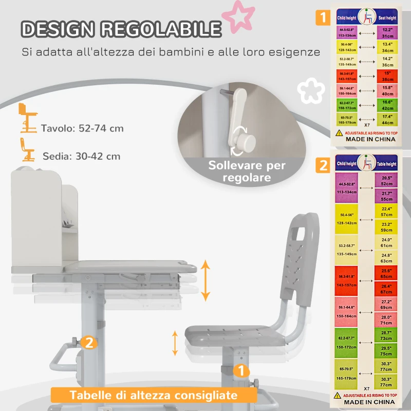 ZONEKIZ Set Scrivania per Bambini con Sedia Regolabile in Altezza e Piano Inclinabile, Età 6-12 Anni, Grigio