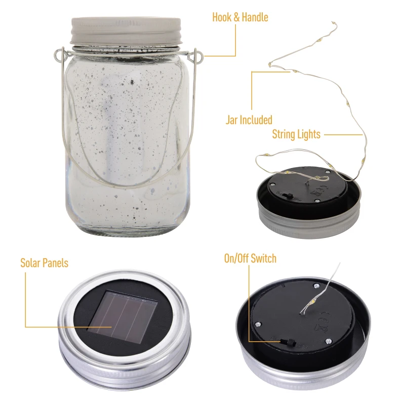 Outsunny Pack of 4 Solar Garden Lights  Glass Jar String Light with Handle Portable LED Multi Color Hanging Lantern Light 6-8 Hours Lighting Ф8cm