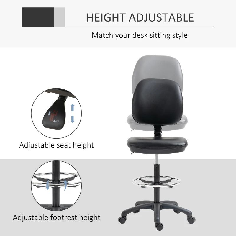 Vinsetto Tabouret à roulettes réglable en hauteur 69-91 cm avec dossier inclinable et repose-pieds réglable