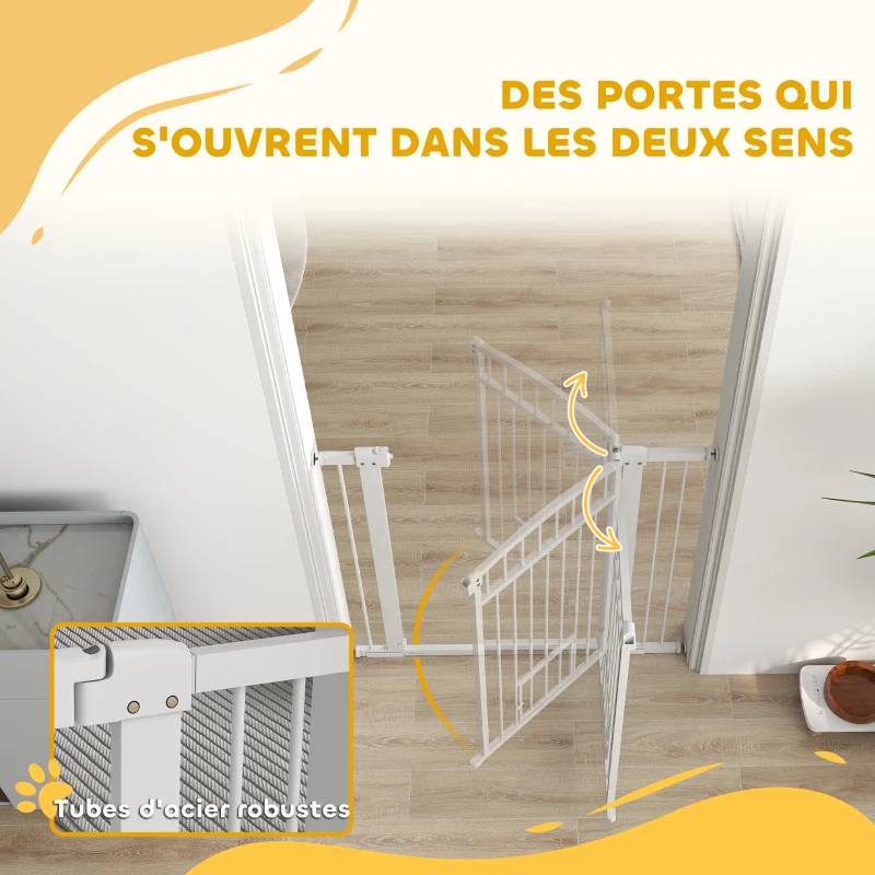 PawHut Barrière de sécurité chien système de double verrouillage montage par pression ou perçage largeur 76-104 cm blanc