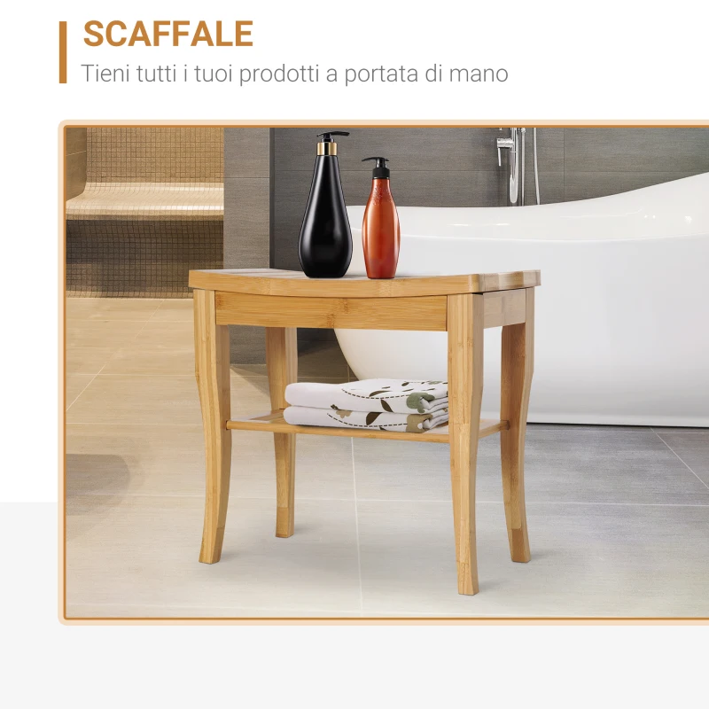 HOMCOM Sgabello da Bagno in Bambù Naturale con Ripiano Portaoggetti per Anziani e Disabili Portata 100kg 47.5x26x44.5cm