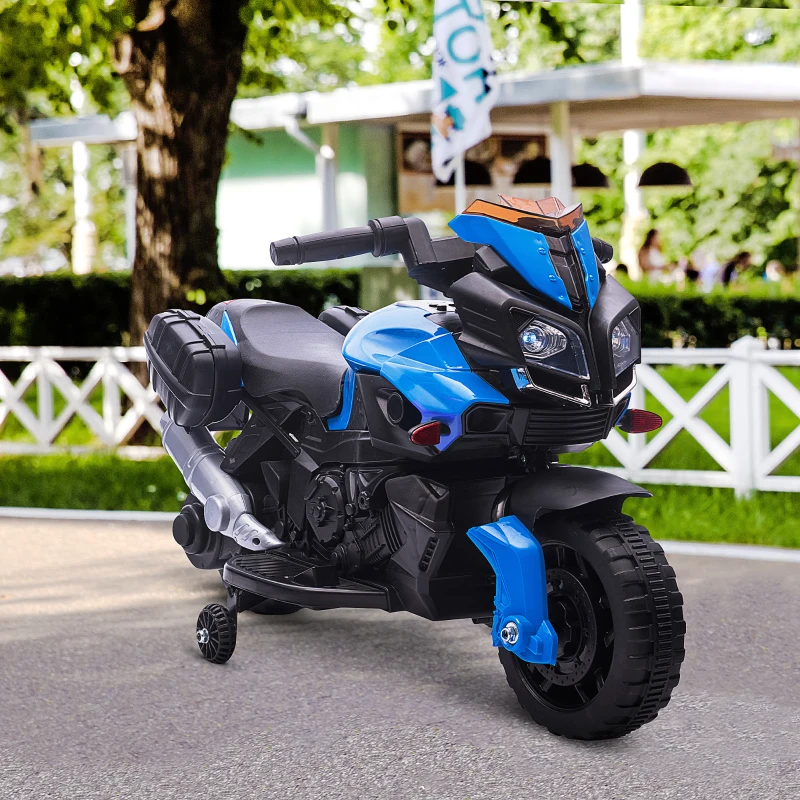 HOMCOM Moto électrique Enfant 6 V 3 Km/h Effet Lumineux et sonore roulettes Amovibles Repose-Pied valises latérales métal PP Bleu Noir(m-2)