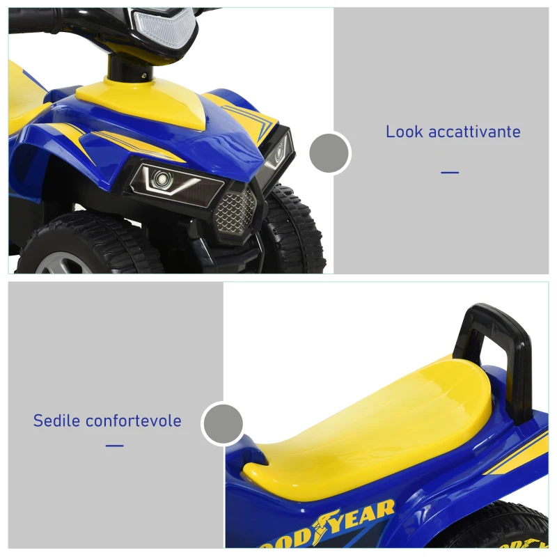 HOMCOM Quad Giocattolo per Bambini 18-36 Mesi con Licenza GOODYEAR con Luci e Suoni Realistici, Blu e Giallo, 60x31x42cm
