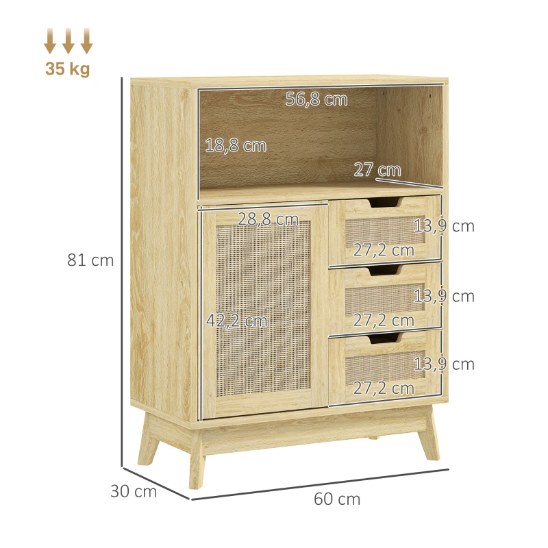 HOMCOM Buffet meuble de rangement avec 3 tiroir placard étagère réglable pour salon cuisine 60 x 30 x 81 cm bois naturel