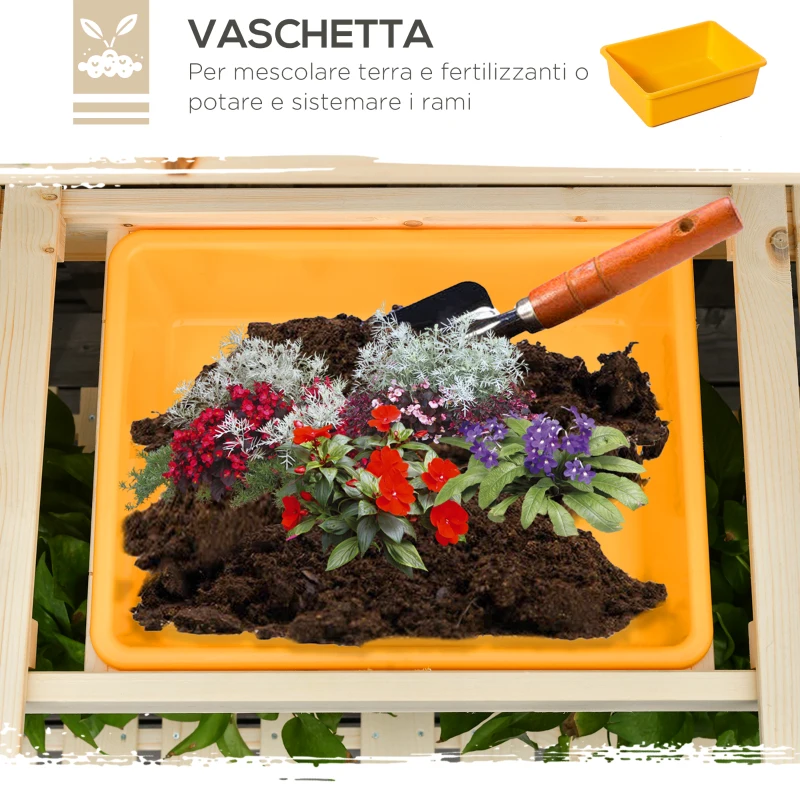 Outsunny Banco da Lavoro per Giardinaggio in Legno Naturale con Vaschetta Integrata, Mensole e Ganci 100x40x140cm