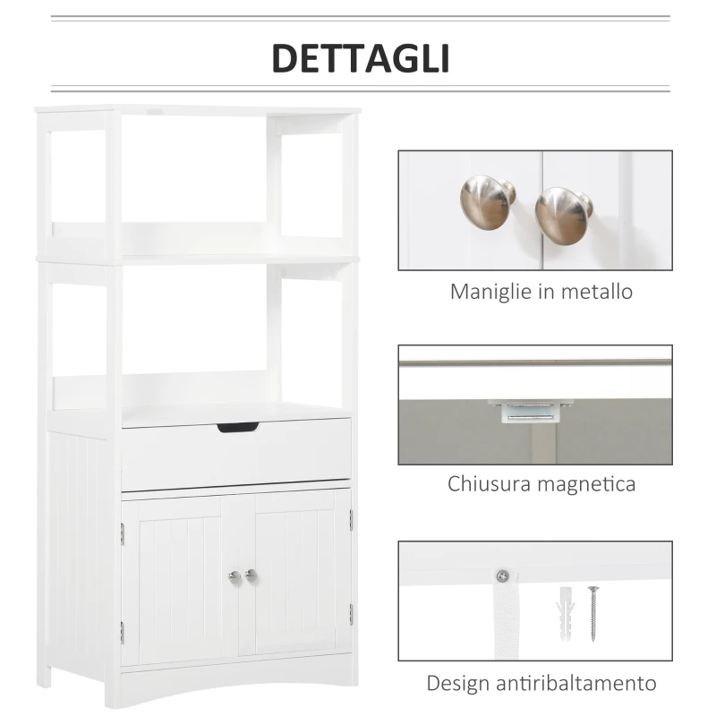 kleankin Mobile Bagno con Mensole, Armadietto e Cassetto, Mobiletto da Bagno Multiuso in Legno, Bianco,  60x33x122.5cm