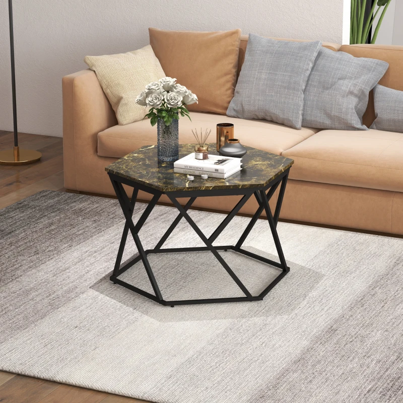 HOMCOM Tavolino da Salotto Moderno con Piano Effetto Marmo e Struttura in MDF e Acciaio, 81x70x51.2 cm, Nero