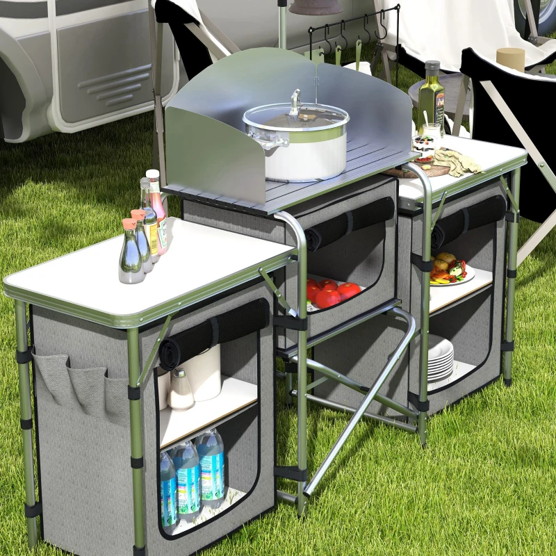 Outsunny Mueble de Cocina para Camping Plegable con 3 Mesas 4 Ganchos Poste de Luz y Bolsa de Transporte 172x48x119 cm Gris(m-8)