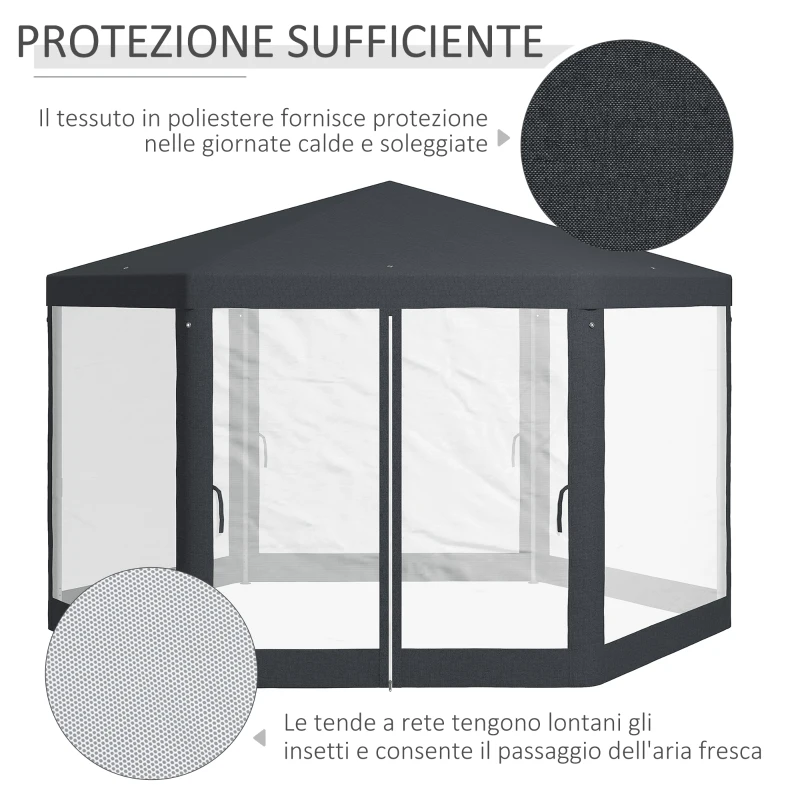 Outsunny Gazebo da Giardino Esagonale con Doppio Ingresso, in Metallo e Poliestere, 3.94x3.94x2.5 m, Grigio