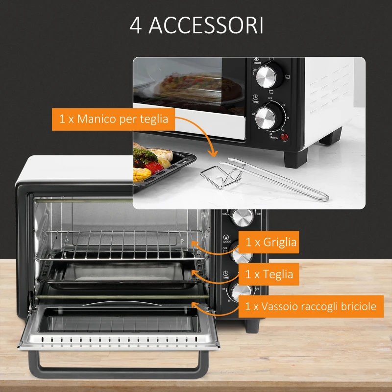 HOMCOM Fornetto Elettrico 16L Temperatura Regolabile e Timer, 3 Metodi di Cottura e Accessori, 1400W, Bianco