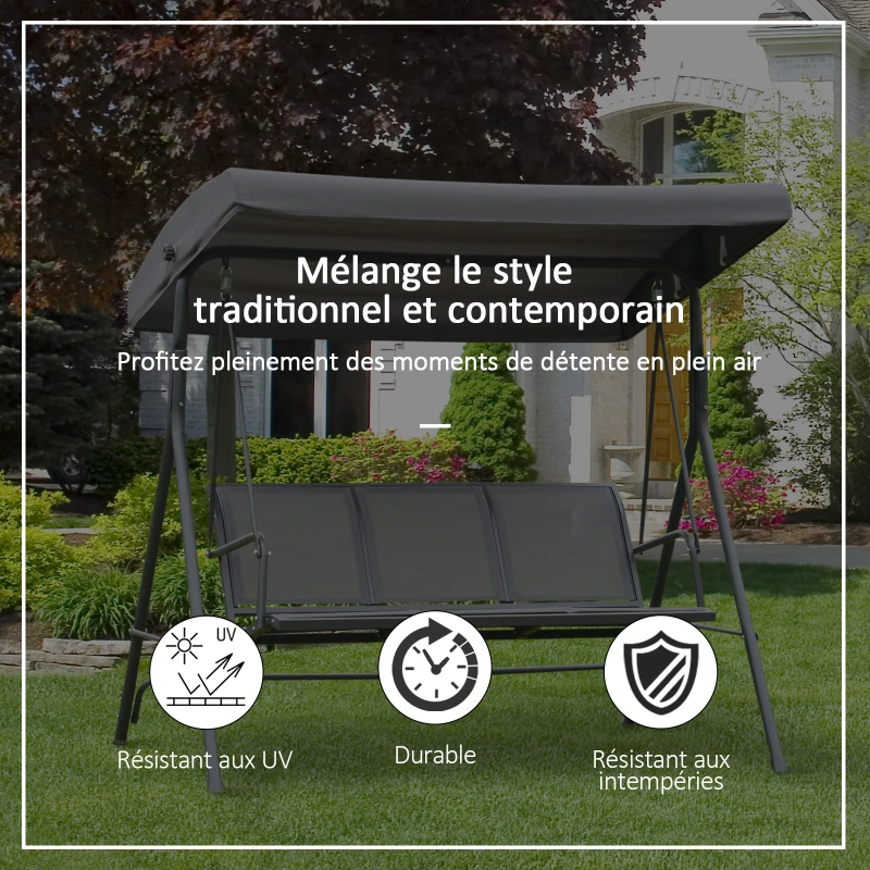 Outsunny Balancelle de Jardin 3 Places Grand Confort Toit Inclinaison réglable Assise et Dossier Ergonomique Acier textilène Gris