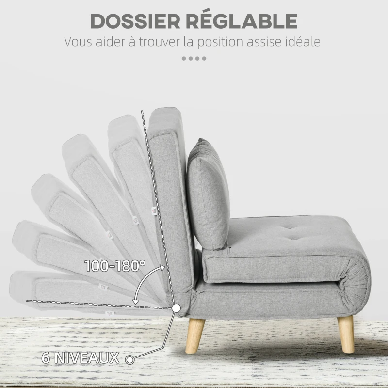 HOMCOM Fauteuil convertible 2 en 1 chauffeuse lit 1 place Dossier Réglable pieds en Bois et coussin
