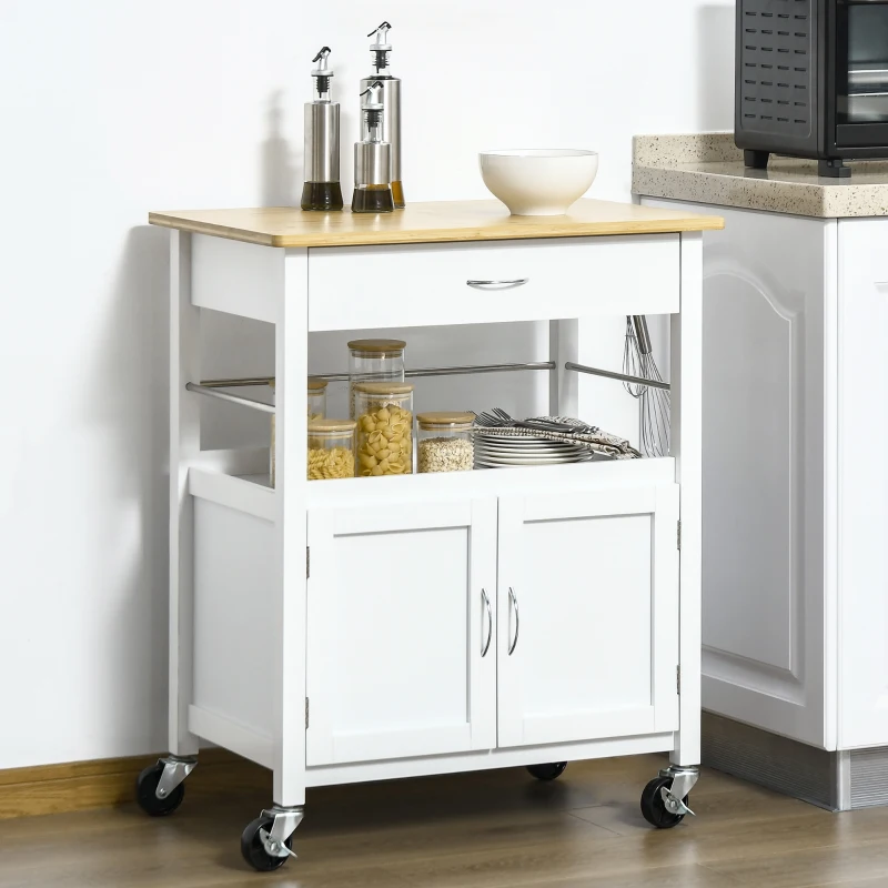 HOMCOM Carrello Cucina con Cassetto Armadietto e Scaffale, Carrellino Portavivande con Piano in Bambù e 4 Ruote, Bianco