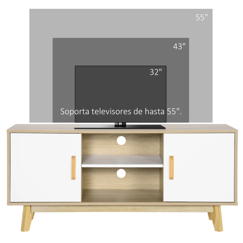 HOMCOM Mueble de TV para Televisores de hasta 55" Mueble con 2 Armarios y 2 Estantes 120x40x55 cm Natural y Blanco