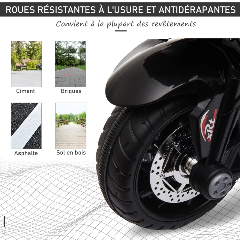 HOMCOM Moto électrique pour enfants, 3 roues, 6 V et 3 km/h, design cool, moto électrique avec klaxon et musiques, voiture électrique enfants de 3 à 5 ans, noir(m-6)
