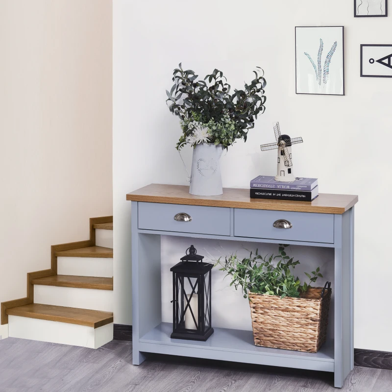 HOMCOM 2 Drawers Console Table w/Bottom Shelf Rustic Retro Style Hallway Living Room Home Furniture Wood Effect Worktop Grey