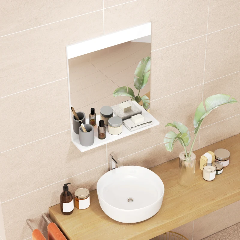 HOMCOM Specchio Bagno da Parete Moderno con Mensola Portaoggetti, in Vetro e MDF, 50x12x60 cm, Bianco