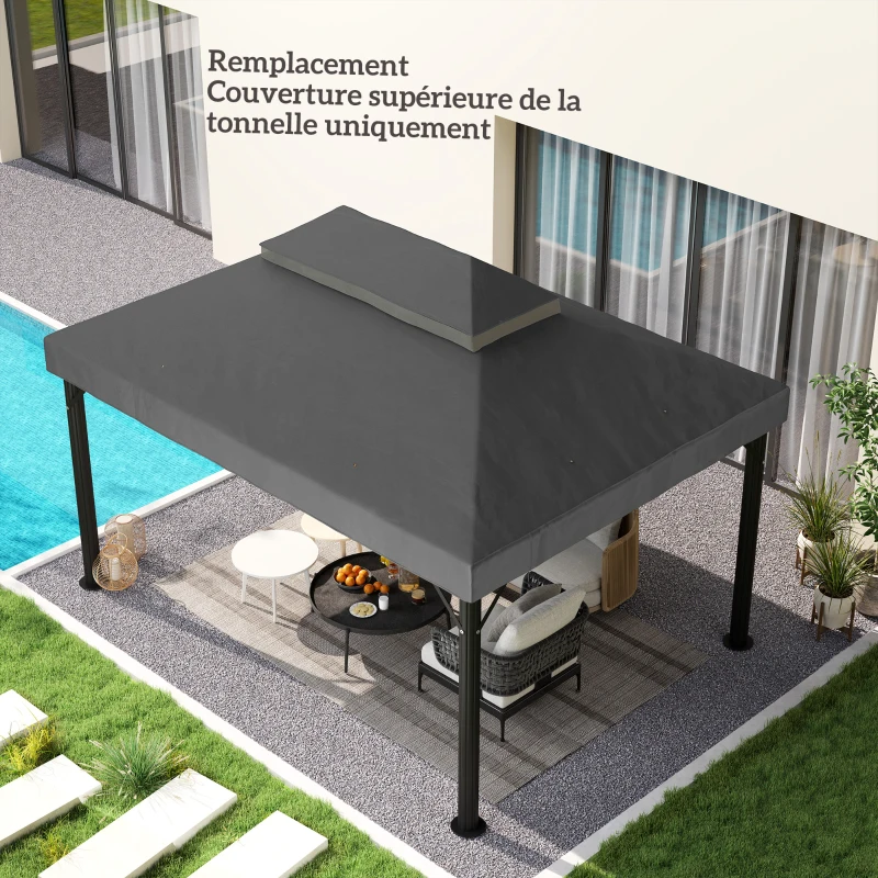 Outsunny Toile de rechange pour pavillon toile de tonnelle 4 x 3 m, double toit avec trous de drainage, polyester 370 g/m², gris
