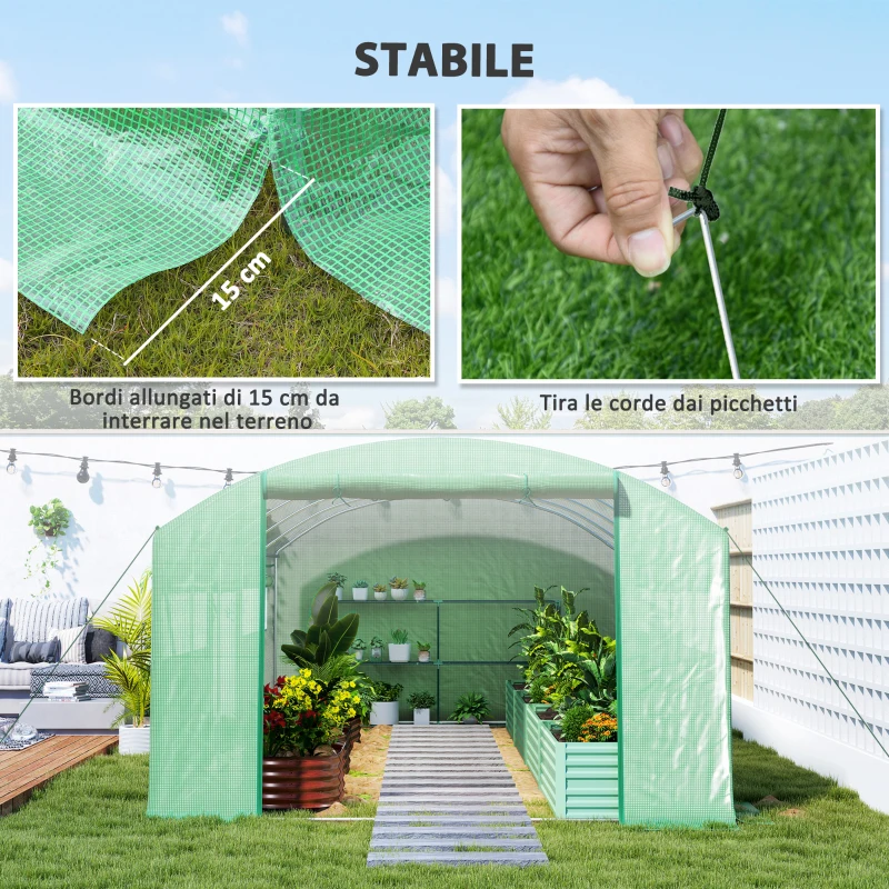 Outsunny Serra a Tunnel con 3 Porte Avvolgibili e 6 Finestrelle, in Acciaio Zincato e PE, 6x3x2 m, Verde