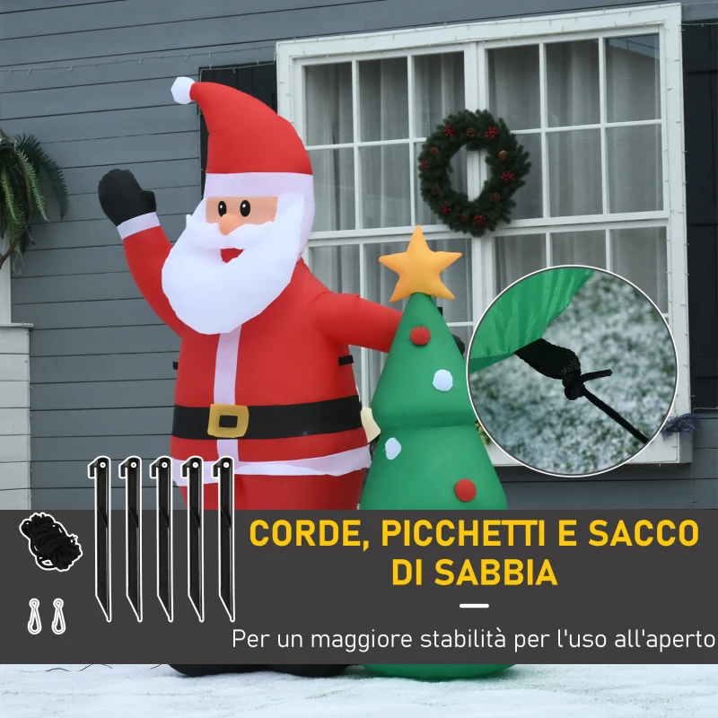 HOMCOM Babbo Natale Gonfiabile 150cm con Albero, Decorazione Natalizia per Esterno con Luci a LED, in Poliestere Impermeabile IP44