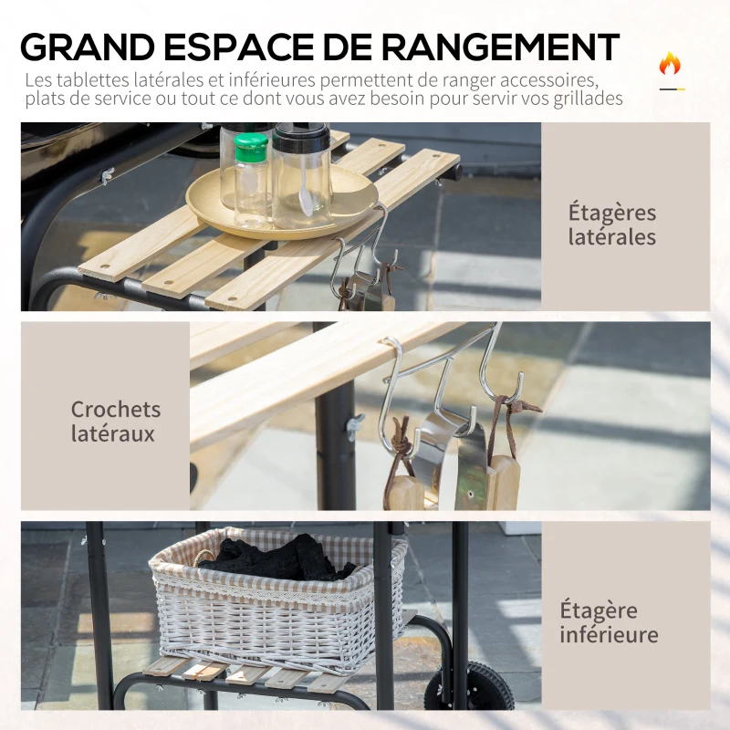 Outsunny Barbecue à charbon BBQ avec 2 roues, ustensiles, couvercle et étagères dim. 113L x 62l x 97H cm - métal émaillé noir