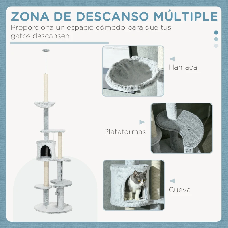 PawHut Árbol Rascador para Gatos de Suelo a Techo Ajustable Altura con Cueva Hamaca y Postes Rascadores Ø60x225-255 cm Gris