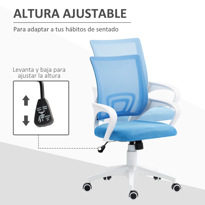 HOMCOM Silla de Escritorio de Malla Giratoria con Altura Ajustable Función de Basculante y Reposabrazos Carga 120 kg Azul Claro