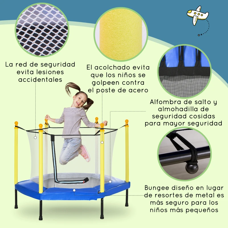 ZONEKIZ Cama Elástica para Niños de 3-6 Años con Red de Seguridad para Interior Carga 50 kg 122x122x97 cm Azul