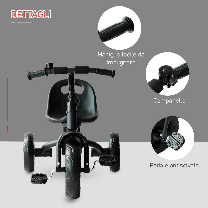 HOMCOM Triciclo per Bimbo con Campanello, Parafango, Ruota Speciale, Nero, 79x50.5x58cm