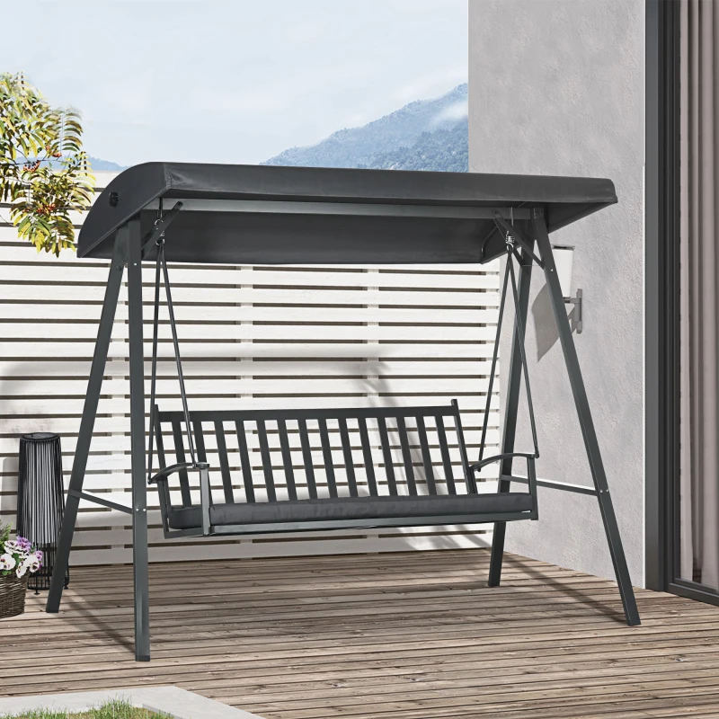 Outsunny 3-Seat Garden Swing Chair, Outdoor Canopy Swing with Removable Cushion, Adjustable Shade, and Slatted Bench, for Porch, Poolside, Backyard, Dark Grey