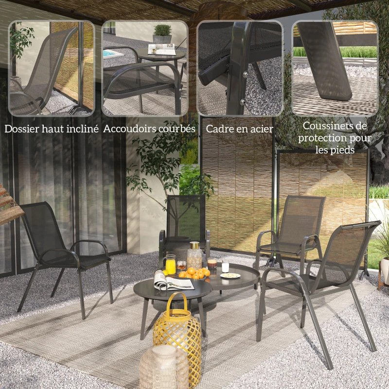Outsunny Lot de 4 chaises de jardin chaises empilables dossiers hauts tissu maille respirante cadre acier 54 x 71 x 93 cm noir