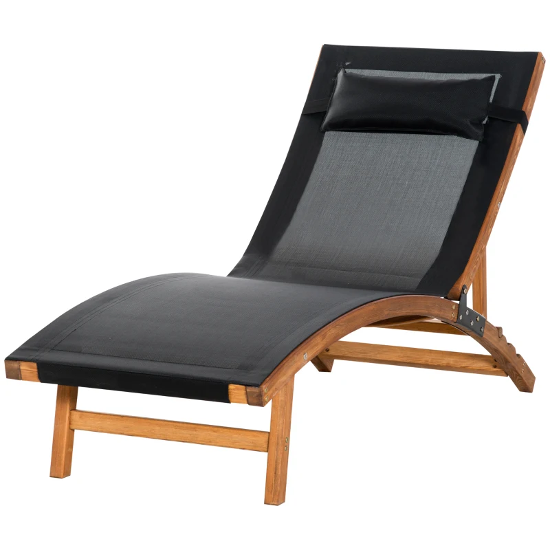 Outsunny Ergonomic Patio Lounge Chair Wooden Outdoor Chaise w/ 3 Adjustable Back and Removable Headrest Pillow for Garden Black
