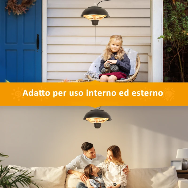 Outsunny Riscaldatore a Infrarossi con Illuminazione a LED in Alluminio e Metallo Epossidico Anticorrosivo Certificato IP34: Protezione contro gli Spruzzi d'Acqua 1500W Ø40.5 x 30.7A cm